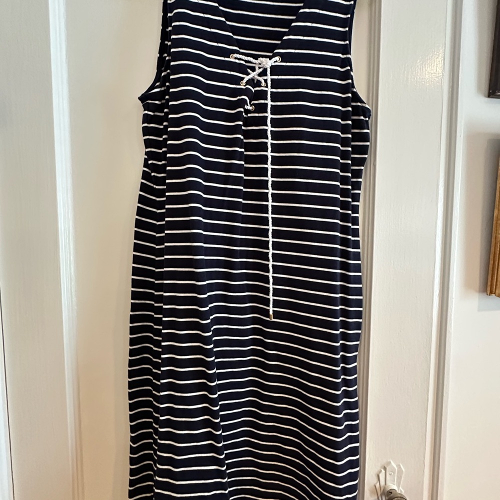 Ralph Lauren Navy and White Striped Midi Dress